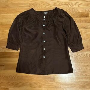 J Jill 100% silk brown button front short sleeve blouse size small